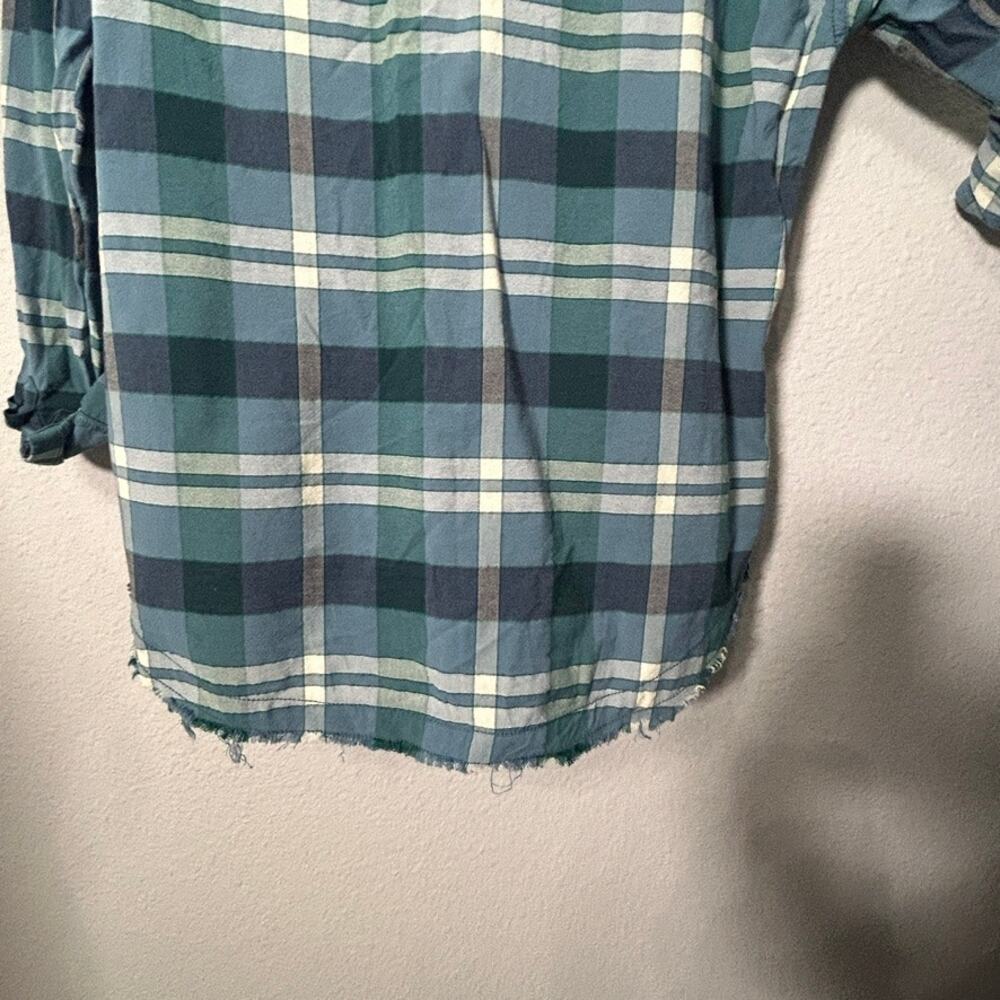 Free People Loveland Plaid Shirt Blue Raw Hem Oversize Size XS Button Up Boho - Picture 12 of 13